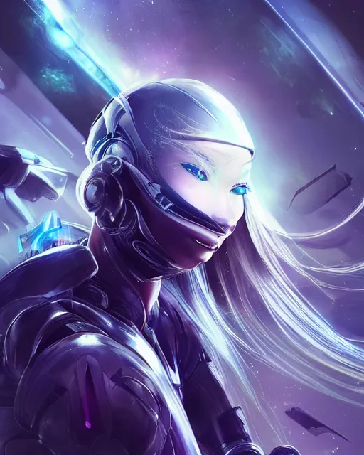 Prompt: photo of a beautiful girl on a mothership, android, warframe armor, pretty face, scifi, futuristic, galaxy, raytracing, dreamy, perfect!!!, cosmic wind, pure, long white hair, blue cyborg eyes, glow, insanely detailed, artstation, innocent look, art by gauthier leblanc, kazuya takahashi, huifeng huang