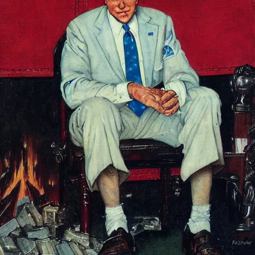 Image similar to a medium close up portrait painting by Norman Rockwell of Joe Biden sitting in a chair. Cozy fire. legs crossed