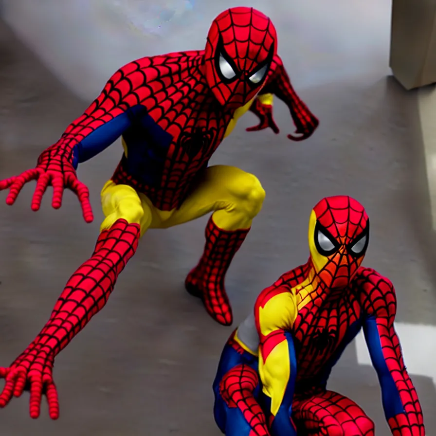 Image similar to red and yellow, dark fantasy spiderman outfit, large eyes, white webbing, movie still from the avengers