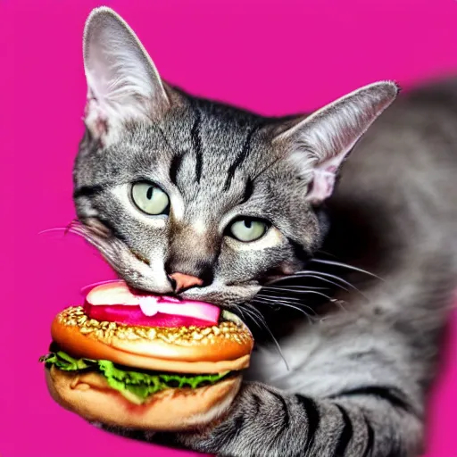 Image similar to photo of a pink cat with pink fur, eating a hamburger, biting a hamburger