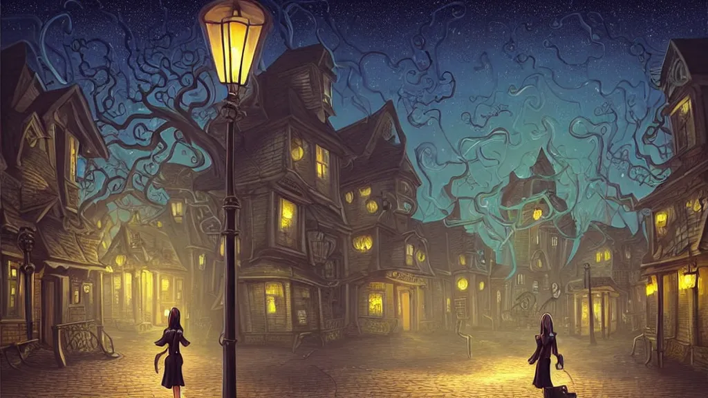 Prompt: lady dressed in short skirt walks in empty lovecraftian town square surrounded by houses and inns.. cthulhu statue.. lovecraftian city at night by cyril rolando and naomi okubo and dan mumford and ricardo bofill.. lovecraft.. cobbled streets.. oil lamp posts.. lovecraftian.. starry night swirly sky.