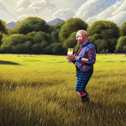 Image similar to a Scottish man holding a pint of beer in the middle of an empty field, In the back ground of the frame is a beautiful landscape., physically accurate, dynamic lighting, intricate, elegant, highly detailed, digital painting in the style of very very artist illustrator ralph steadman, sharp focus, illustration