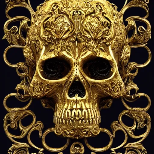 Image similar to 3d golden and black skull engraved with baroque ornaments. trending on artstation. octane render. dark art. gothic art. symmetrical artwork