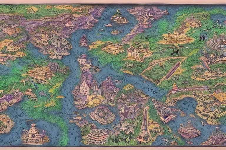 Image similar to A labeled,3d rendered map of a heavenly realm including regional borders, intricately detailed, full color, drawn by junji ito