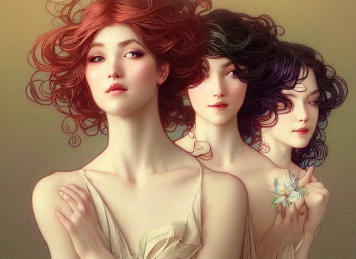 Image similar to portrait of 3 women with flowy hair, confident pose, pixie, genshin impact, intricate, elegant, sharp focus, soft bokeh, illustration, highly detailed, concept art, matte, trending on artstation, bright colors, art by wlop and artgerm and greg rutkowski, mucha, giger