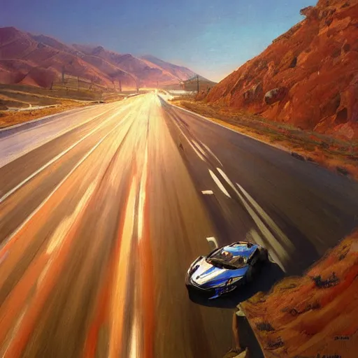 Image similar to Giant head of david copperfield with four wheels, running fast on a californian highway, rays of light, particles light, kuvshinov ilya