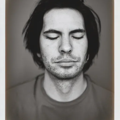 Prompt: a professional polaroid portrait photo of a man with an asymmetrical face with his eyes closed. the man has black hair, light freckled skin and a look of confusion on his face. extremely high fidelity. key light.