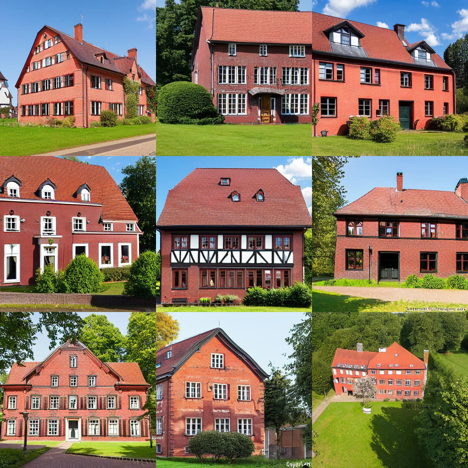 Prompt: 1 8 8 0 s big german red brick 3 - story farmhouse with a black roof, hannover, lower saxony, germany