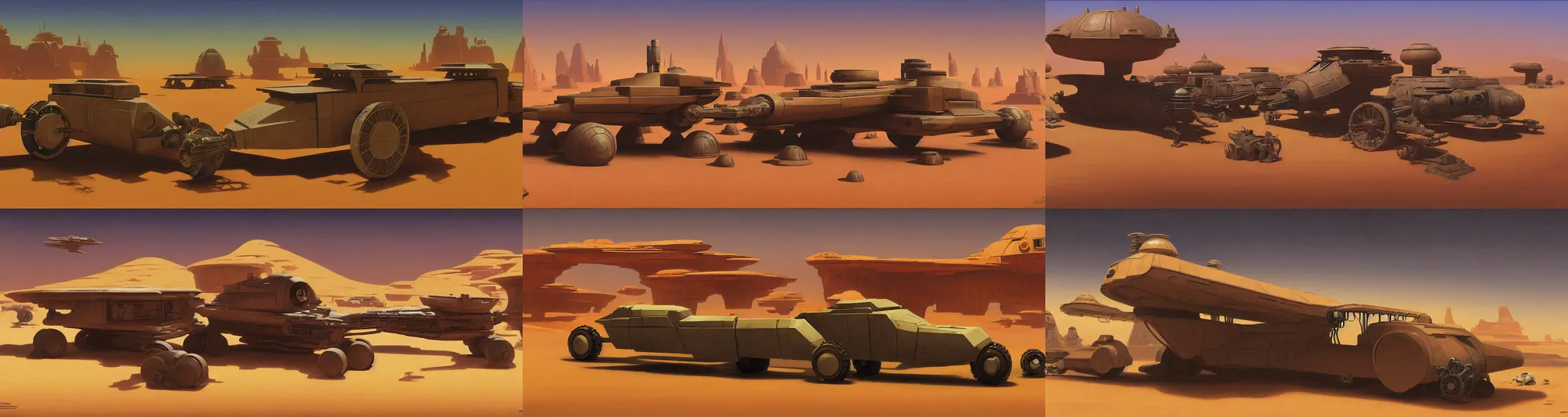 Prompt: a digital matte painting of a 1920s car as a starwars landspeeder on tatooine by Ralph McQuarrie Albert Bierstadt Xuteng Pan digital painting, concept art, smooth, sharp focus, art style from Wang Ke and Greg Rutkowski and Bruce Kaiser and Scott Robertson and Dmitry Mazurkevich and Doruk Erdem and Jon Sibal artstation 4k