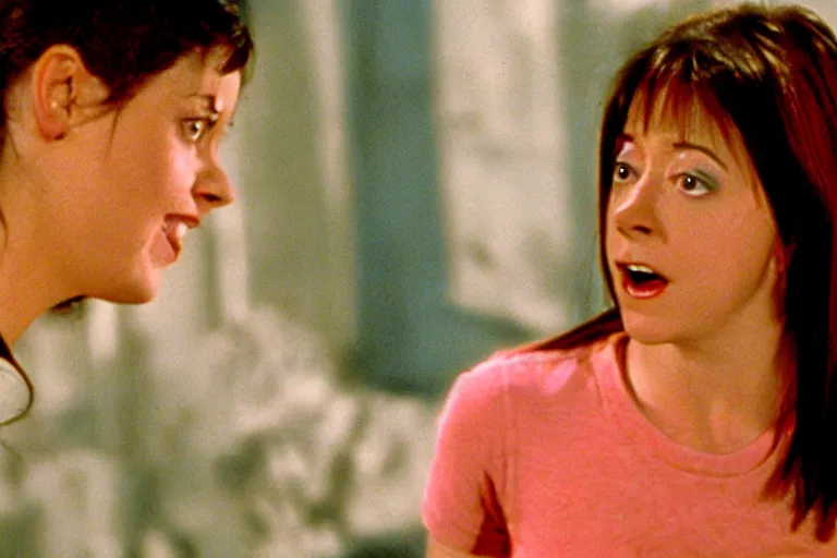 Image similar to screenshot from horror movie, with young alyson hannigan