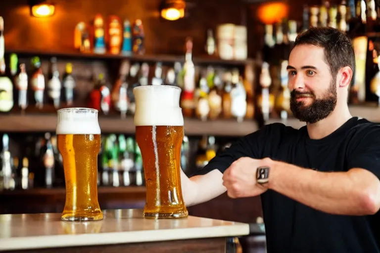 Image similar to a anthropomorphic pint of beer, customer, waits to be served by the bartender