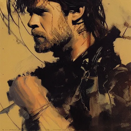 Image similar to chris hemsworth, intricate, elegant, highly detailed, greg manchess, mucha, liepke, ruan jia, jeffrey catherine jones, ridley scott