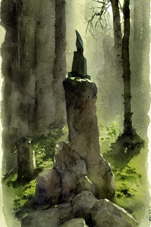 Prompt: abstract watercolor painting of witch god monument, in stone and wood, moss, magical and traditional, cinematic light, national romanticism by anders zorn