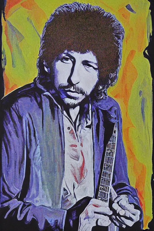 Prompt: Poster artwork, painting of Duane Allman by Bob Dylan