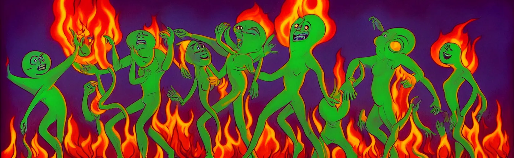 Prompt: uncanny repressed mutants from the depths of a festive imaginal realm in the collective unconscious, dramatic fire glow lighting, surreal dark 1 9 3 0 s fleischer cartoon characters, surreal painting by ronny khalil