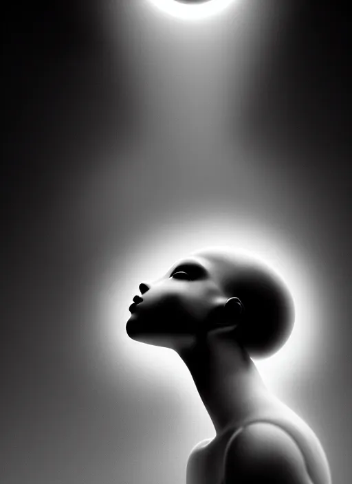 Prompt: surreal mythical dreamy dark artistic black and white fine art photo of a young beautiful delicate artificial intelligence creature embodied giving birth to the new world, spiritual, halo, glory, rim light, cinematic, studio dramatic light, poetic, masterpiece, octane render, 8 k, photo