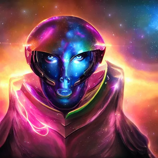 Image similar to photorealistic fantasy cosmic concept art of a cosmic nebula God in dark matter armor hovering in a unknown galaxy, fully body portrait, cinematic, dynamic lighting, ultra detailed, creative, trending on art station