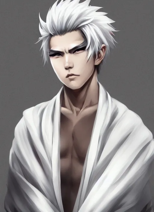 Image similar to a highly detailed illustration of fierce short white haired attractive young japanese man wearing white hakama, black sclera! eyes, dramatic serious pose, muscular, intricate, elegant, highly detailed, centered, digital painting, artstation, concept art, smooth, sharp focus, league of legends concept art, wlop
