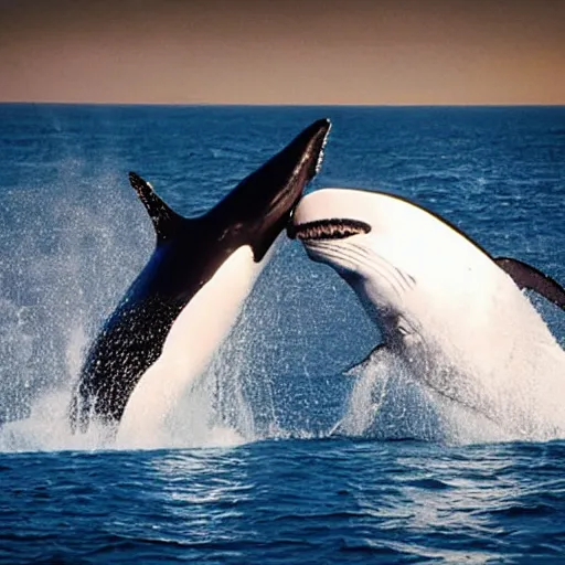 Prompt: A humanoid orca whale and great white shark boxing in a ring