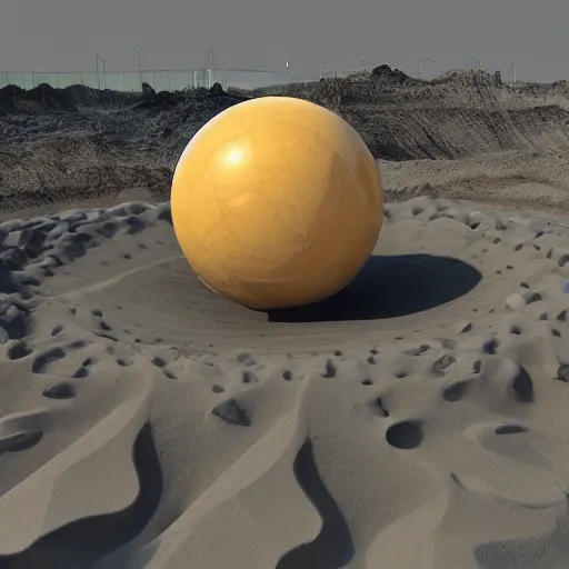 Image similar to in the center of a large sandy quarry in the sand lies a large golden ball, a broken excavator is standing nearby, an anomalous air funnel is nearby, 3 d render, high quality, depth of sharpness, focus on the object