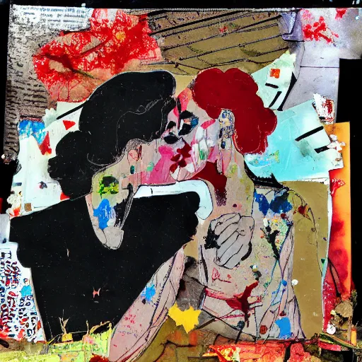 Image similar to two women kissing at a carnival in a war zone, mixed media collage, retro, paper collage, magazine collage, acrylic paint splatters, bauhaus, claymation, layered paper art, sapphic visual poetry expressing the utmost of desires by jackson pollock