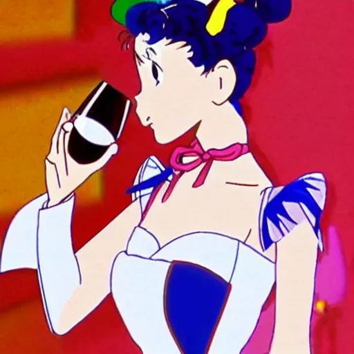 Prompt: Ami Mizuno from Sailor Moon drinking a glass of red wine