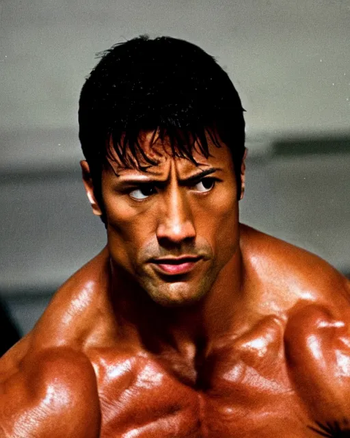 Image similar to Film still close-up shot of Dwayne Johnson as Rocky Balboa from the movie Rocky. Photographic, photography