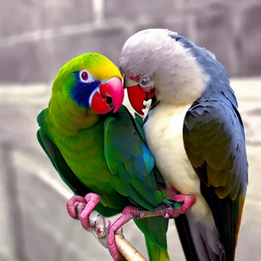 Prompt: a lovebird parrot nibbling an ice cream