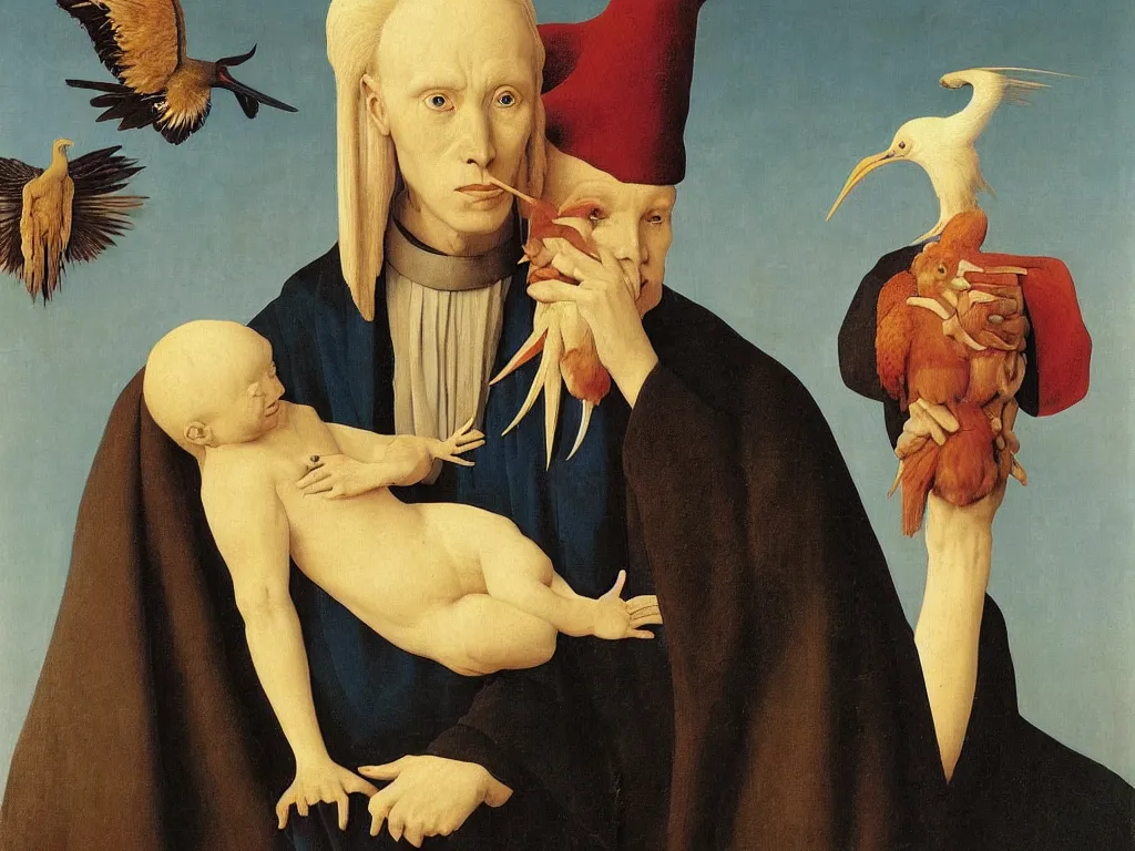 Image similar to Portrait of albino mystic with blue eyes, with exotic hoopoe. Painting by Jan van Eyck, Audubon, Rene Magritte, Agnes Pelton, Max Ernst, Walton Ford