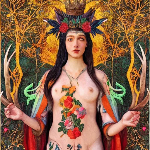 Image similar to queen of the forest wearing an antler crown, by Annie Swynnerton and Nicholas Roerich and Tino Rodriguez, embroidered robes, floral tattoos, bioluminescent skin!, elaborate costume, geometric ornament, symbolist, soft colors, dramatic lighting, smooth, sharp focus, extremely detailed