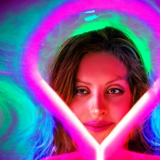 Image similar to woman on an acid trip through a tunnel, neon volumetric lights,