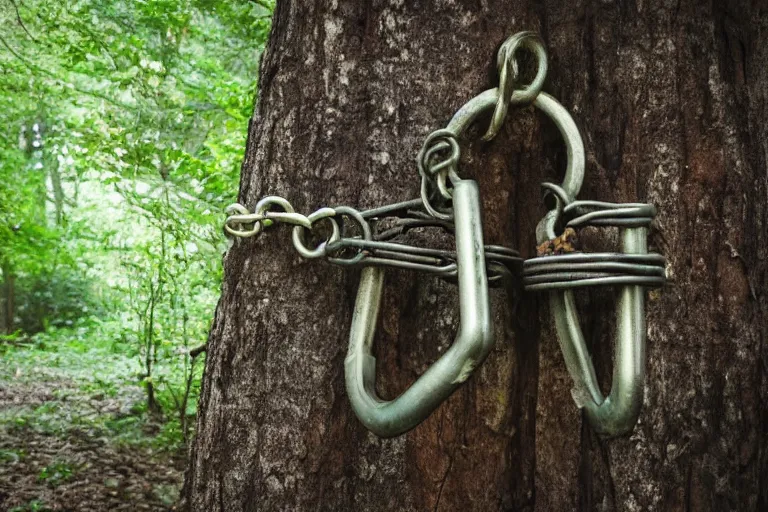 Prompt: photograph of a fantasy style shackle in an ancient forest