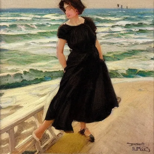 Image similar to woman in black dress, sea behind, pretty face, part dean cornwell style, part leyendecker style,