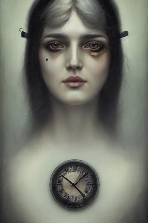 Image similar to a portrait of a single lonely clockpunk female, detailed, realistic eyes, symmetry body features proportions, award winning, by Tom Bagshaw