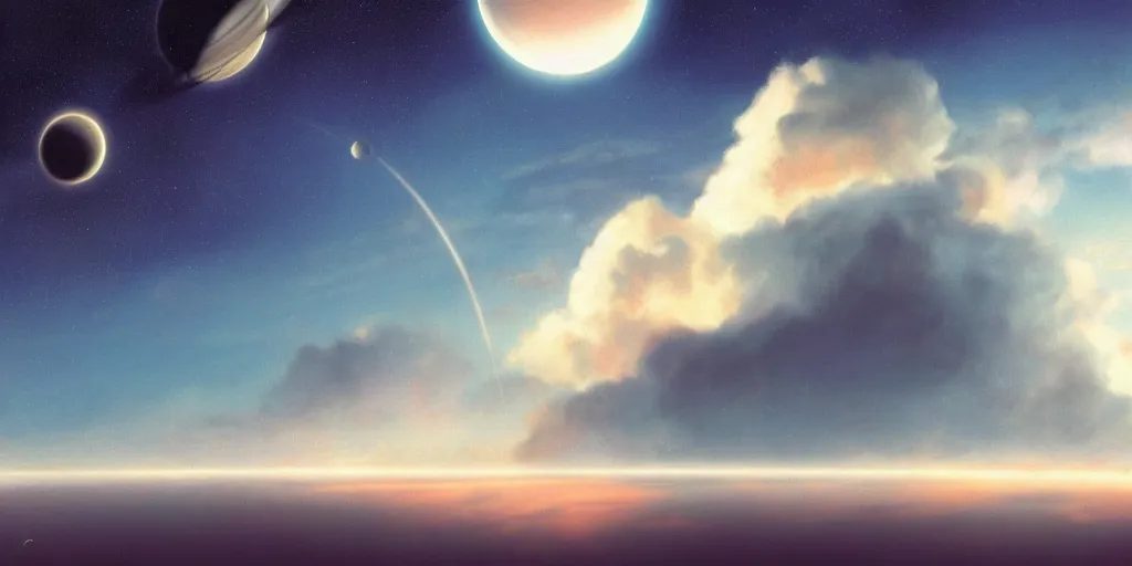 Image similar to blue dreamy cloudscape with a single planet in the clouds, ringed planet, daylight, cinematic lighting, cinematic perspective, syd mead, john harris, federico pelat,