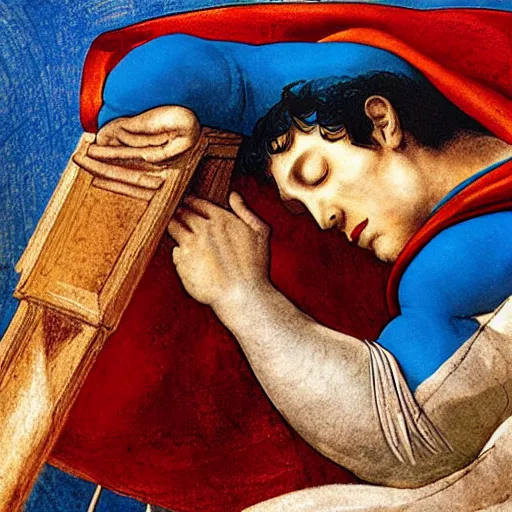 Image similar to superman sleeping in a playground, painting by leonardo da vinci, highly detailed