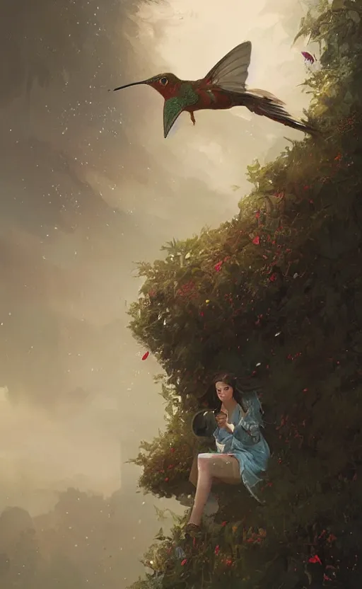 Prompt: woman with brown hair sipping tea as a humming bird flies by, concept art, fantasy, highly detailed, cinematic lighting, digital painting by greg rutkowski