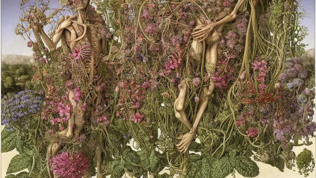 Image similar to highly detailed illustration of a single human anatomy body surrounded by all the known species of plants and flowers by juan gatti, by moebius!, by leonardo da vinci!!, by oliver vernon