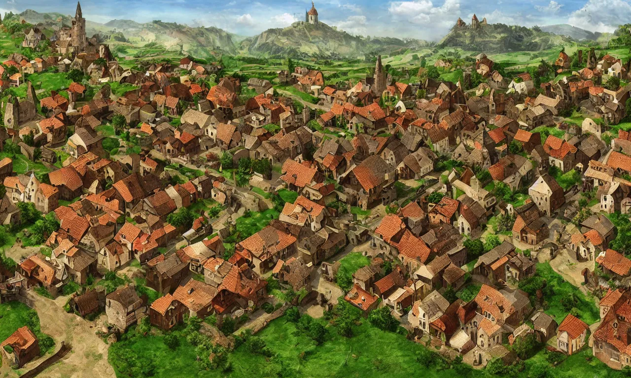 Image similar to beautiful medieval village diorama with a few houses and farms, digital art