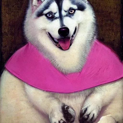 Image similar to fat siberian husky dog princess in pink gown with a goofy expression, medieval painting