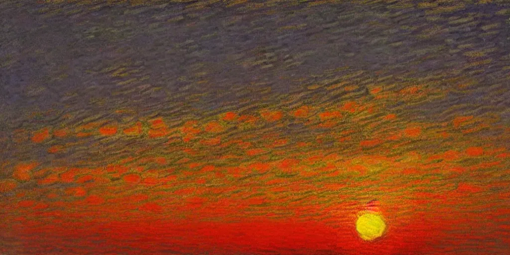 Image similar to An aesthetically pleasing, dynamic, energetic, lively, well-designed digital art of a sunset, beach, ship on horizon, light and shadow, caustics, by Claude Monet, superior quality, masterpiece, excellent use of negative space.