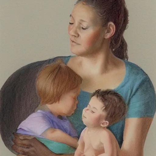 Image similar to This body art is beautiful because of its harmony of colors and its simple but powerful composition. The artist has created a scene of peaceful domesticity, with a mother and child in the center, surrounded by a few simple objects. The colors are muted and calming, and the overall effect is one of serenity and calm. pencil drawing, graphite by Nora Heysen incredible
