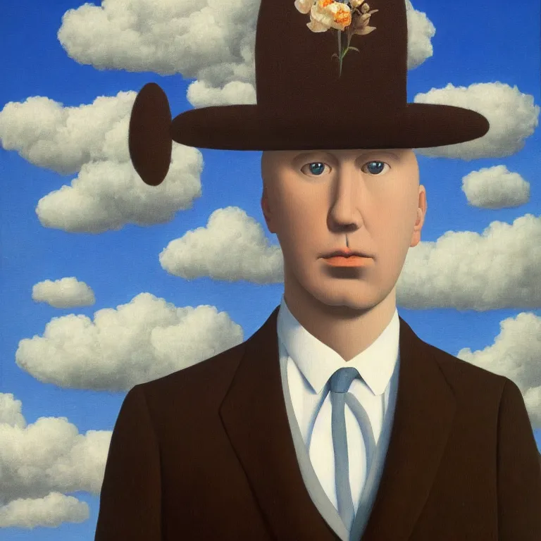 Image similar to portrait of a faceless beautiful flower - head man in a suit, clouds in the background, by rene magritte, detailed painting, distance, middle centered, hd, hq, high resolution, high detail, 4 k, 8 k