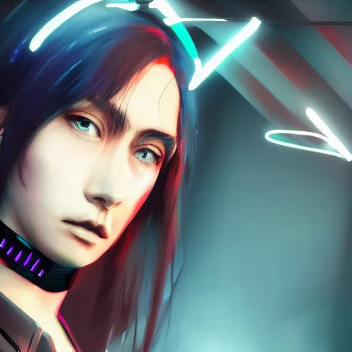 Image similar to headshot artwork of cyberpunk woman wearing thick steel choker, 4K, realistic, artstation, neon,