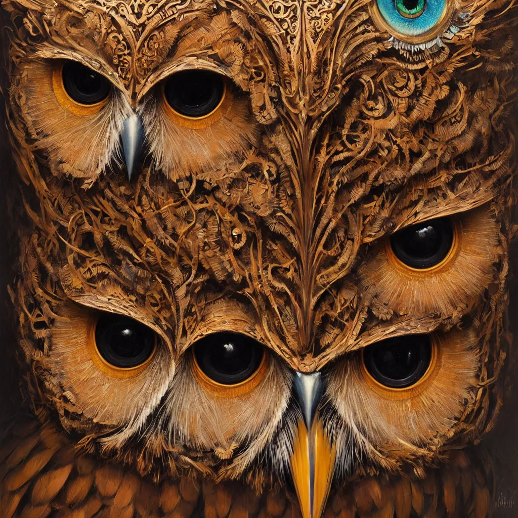 Image similar to a ultradetailed beautiful concept art of a an intricate wooden mask of an owl painted with beautiful colors, but the mask hide some dark secret, photorealism, ome reflexion in eyes, sharp details, volumetric light, high resolution 4 k, by tom bagshaw, greg rutkowski, charli bowater and artgeem