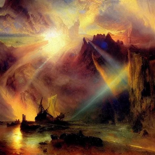 Image similar to political cartoon robust, atmospheric by thomas moran. conceptual art. paralyzed by the indescribable beauty of the cosmos.