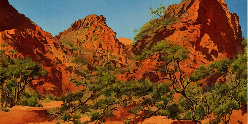 Prompt: illustration of a lush canyon landscape, (Arizona landscape), (petro poster) by Reginald Montague Lander, (By Tom Purvis), By Joseph Binder