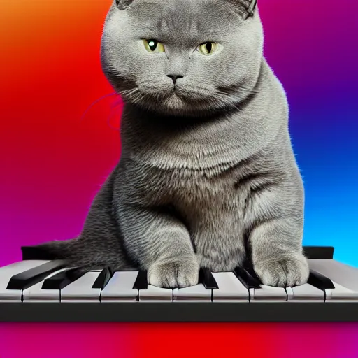 Image similar to detailed oil painting portrait of a grey british shorthair cat sitting upright on spiral curved piano keyboard on colorful abstract background with musical notes digital art concept art 4 k