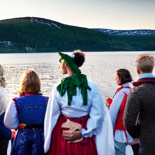 Prompt: ”An election poster for the Swedish Green Party showing a view of Lake Siljan and people in folk costumes in the foreground, golden hour, sigma 55”