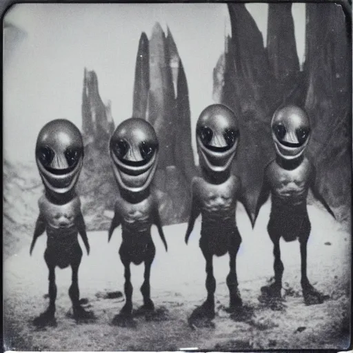 Image similar to polaroid photograph of horrorific alien beings visiting earth, 1 9 5 0